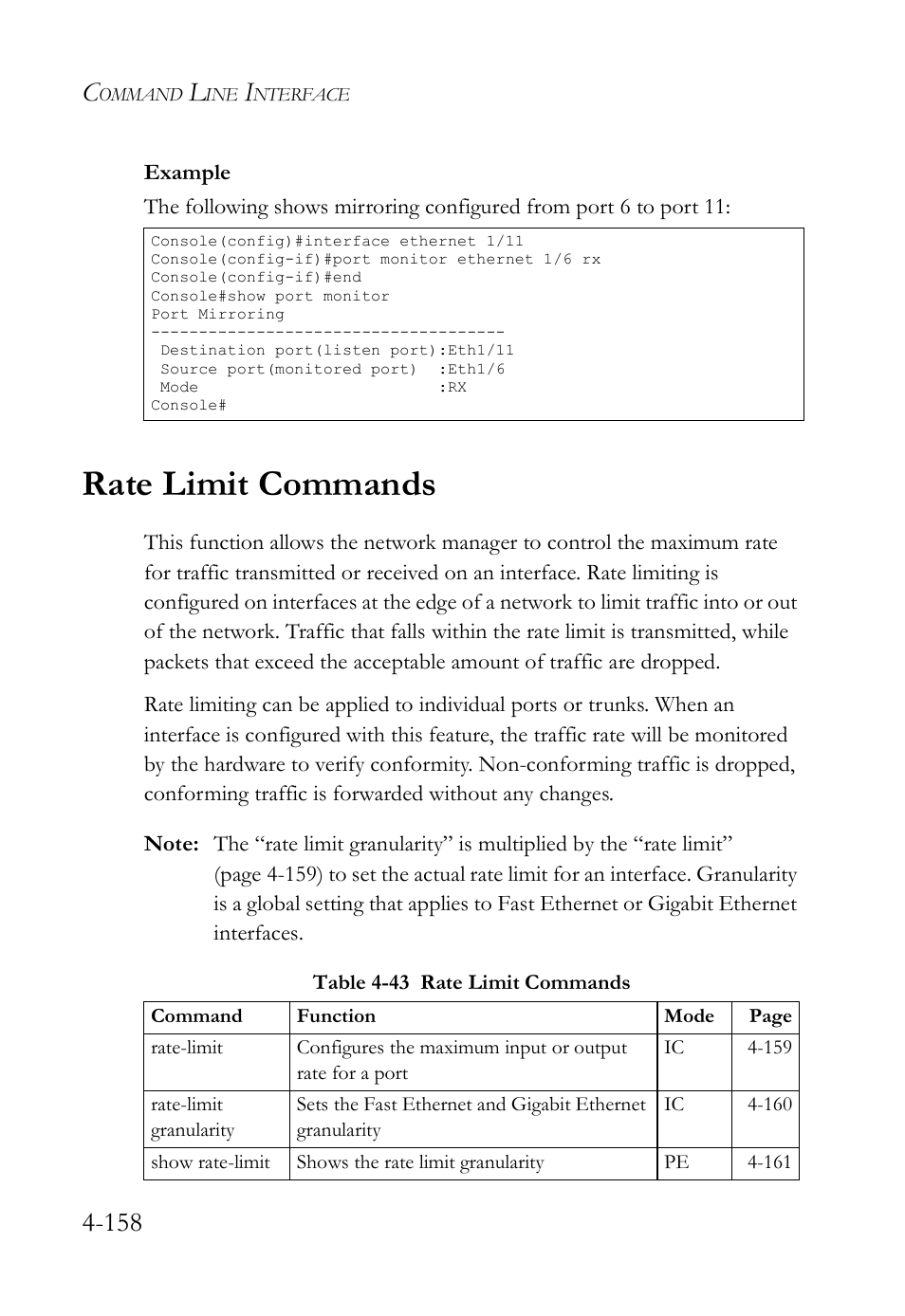 Rate limit commands, Rate limit commands -158, Table 4-43 rate limit commands -158 | SMC Networks SMC TigerStack IV SMC6224M User Manual | Page 406 / 522