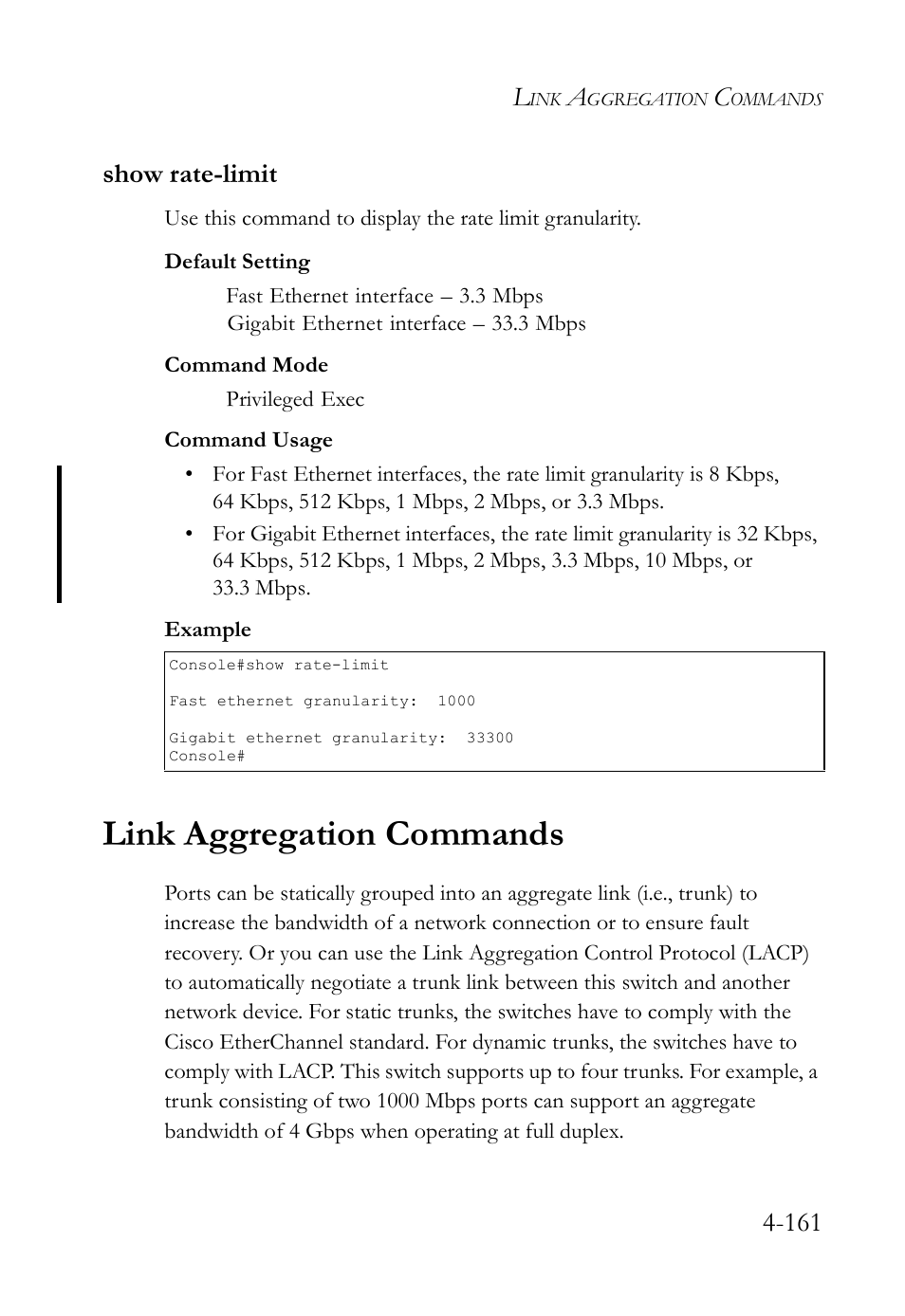 Show rate-limit, Link aggregation commands, Show rate-limit -161 | Link aggregation commands -161, 161 show rate-limit | SMC Networks SMC TigerStack IV SMC6224M User Manual | Page 409 / 522