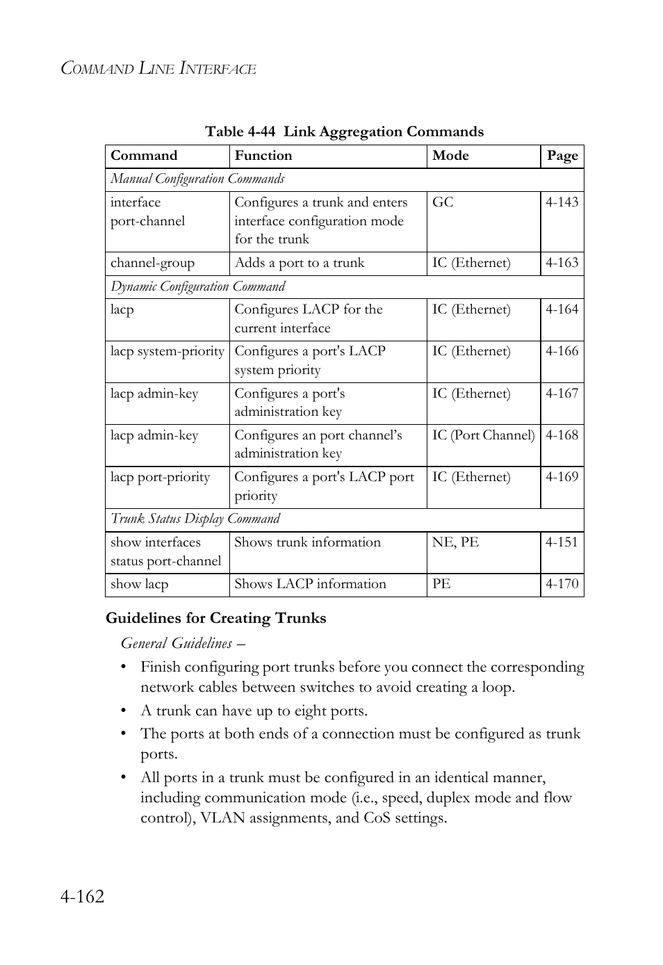 Table 4-44 link aggregation commands -162 | SMC Networks SMC TigerStack IV SMC6224M User Manual | Page 410 / 522