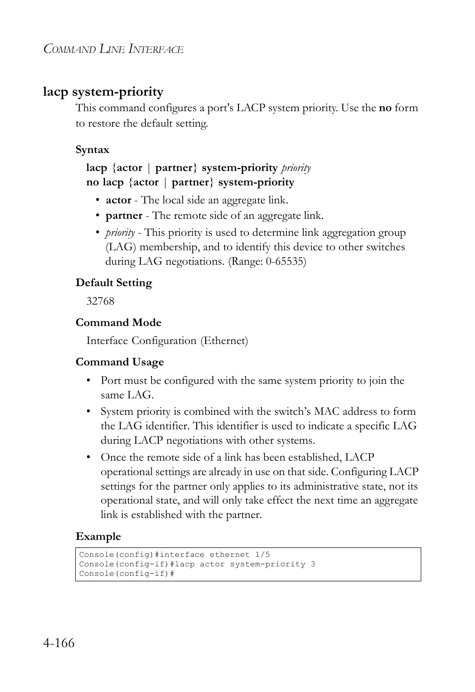 Lacp system-priority, Lacp system-priority -166, 166 lacp system-priority | SMC Networks SMC TigerStack IV SMC6224M User Manual | Page 414 / 522