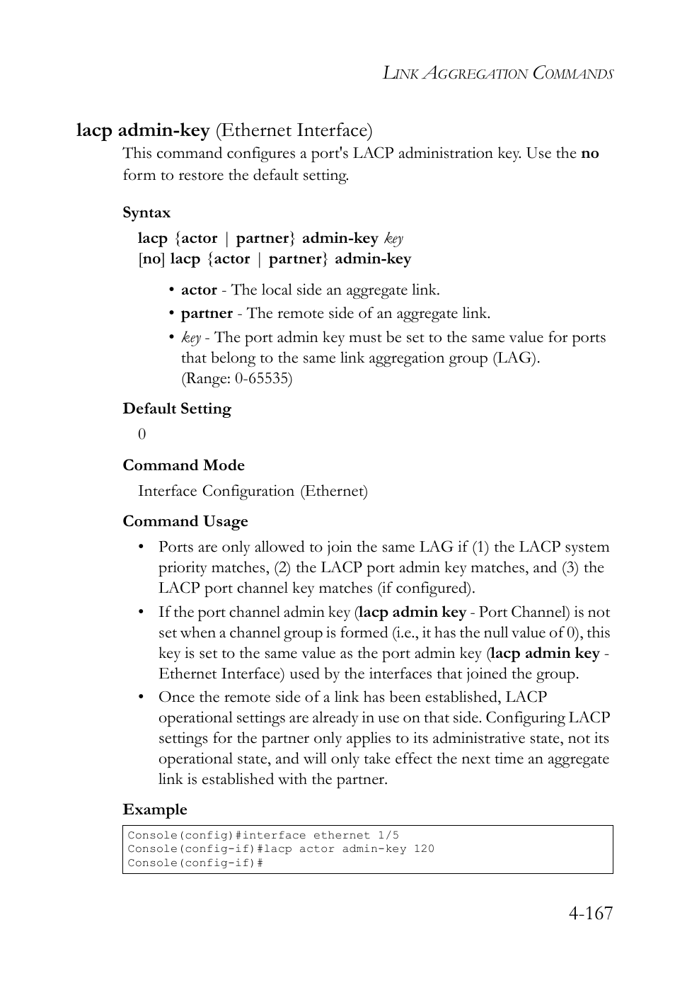 Lacp admin-key (ethernet interface), Lacp admin-key (ethernet interface) -167, 167 lacp admin-key (ethernet interface) | SMC Networks SMC TigerStack IV SMC6224M User Manual | Page 415 / 522