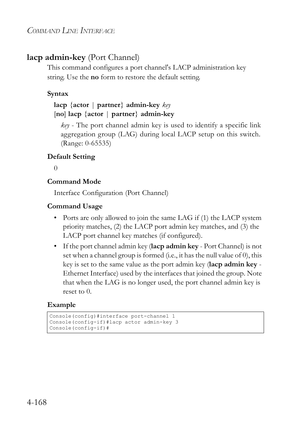 Lacp admin-key (port channel), Lacp admin-key (port channel) -168, 168 lacp admin-key (port channel) | SMC Networks SMC TigerStack IV SMC6224M User Manual | Page 416 / 522