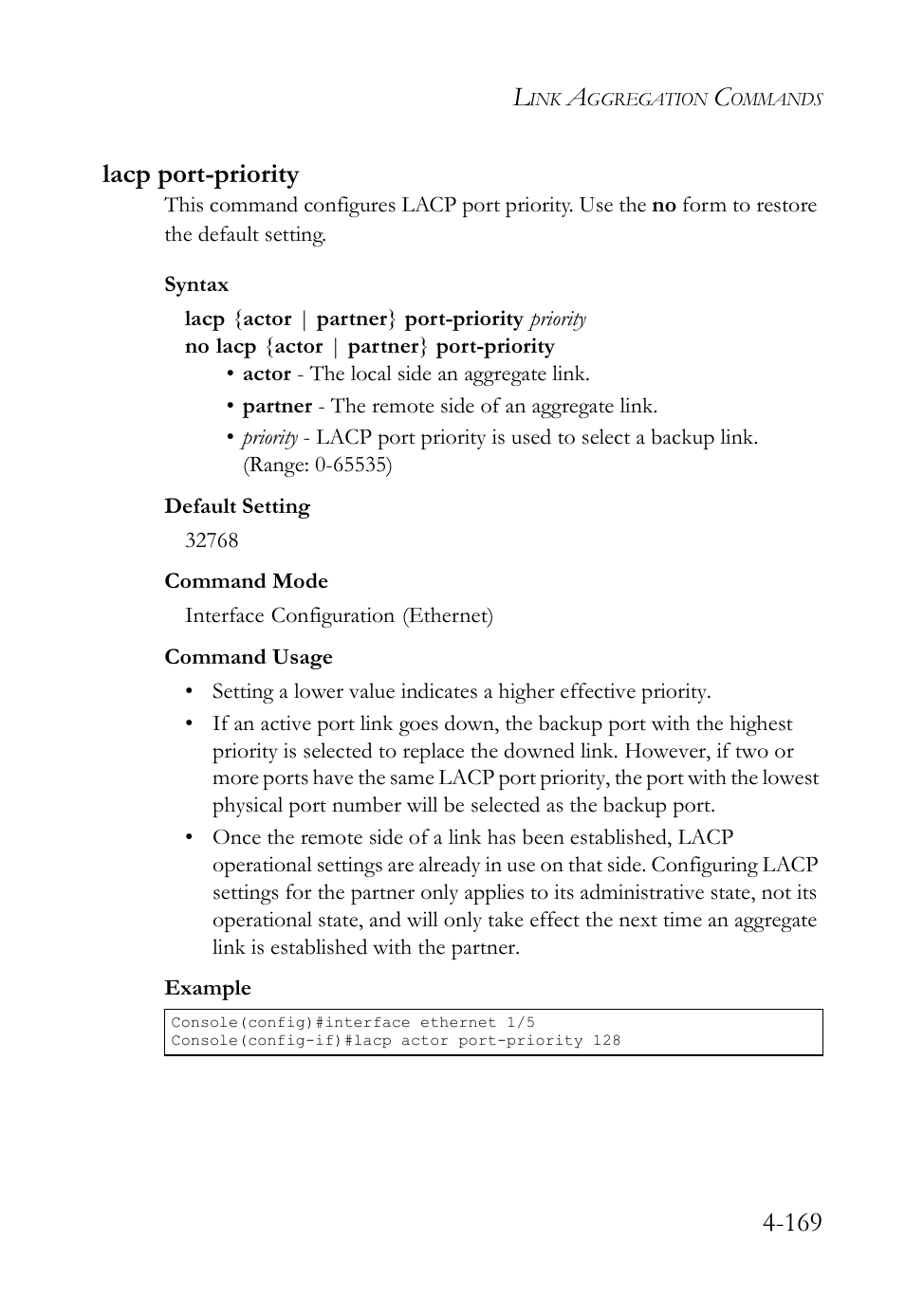 Lacp port-priority, Lacp port-priority -169, 169 lacp port-priority | SMC Networks SMC TigerStack IV SMC6224M User Manual | Page 417 / 522