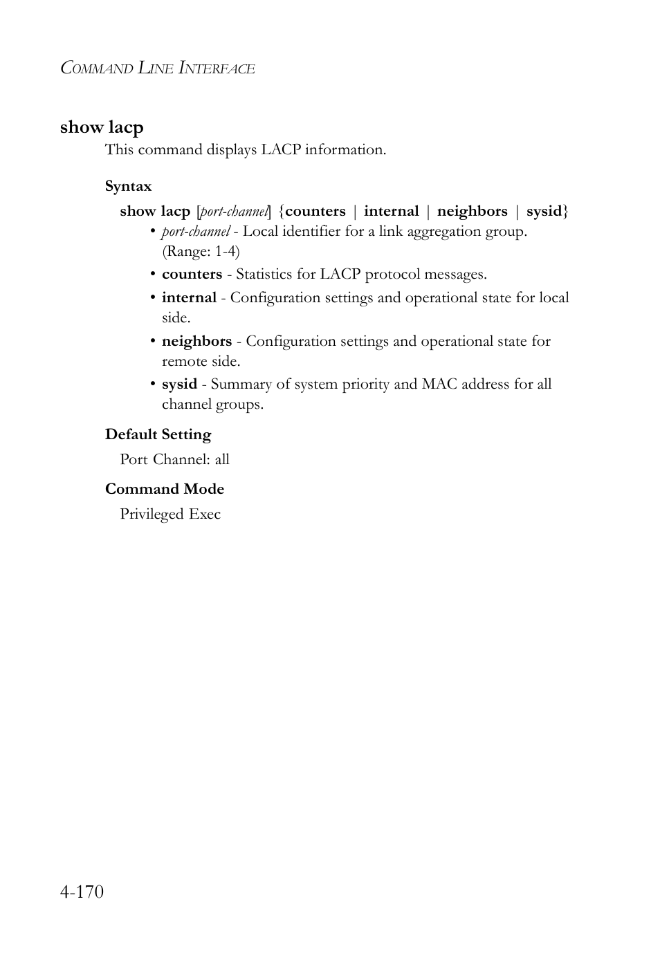 Show lacp, Show lacp -170, 170 show lacp | SMC Networks SMC TigerStack IV SMC6224M User Manual | Page 418 / 522