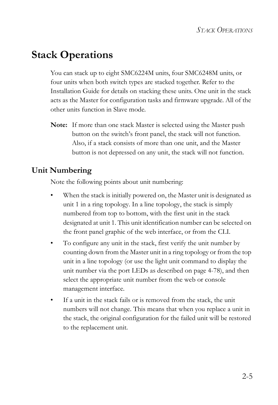 Stack operations, Unit numbering, Stack operations -5 | Unit numbering -5 | SMC Networks SMC TigerStack IV SMC6224M User Manual | Page 43 / 522