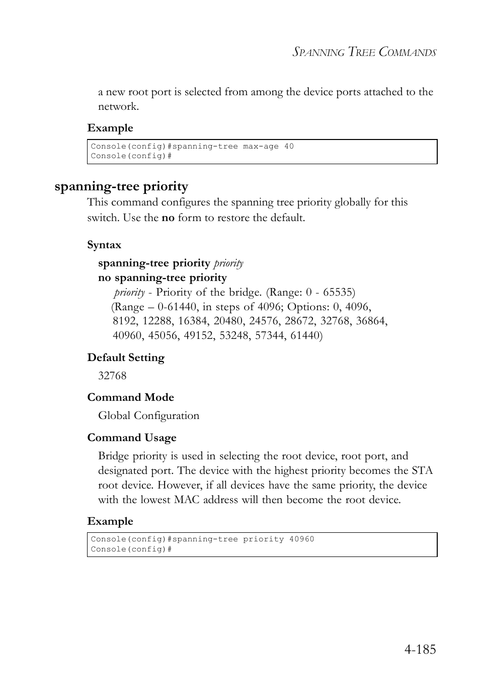 Spanning-tree priority, Spanning-tree priority -185 | SMC Networks SMC TigerStack IV SMC6224M User Manual | Page 433 / 522