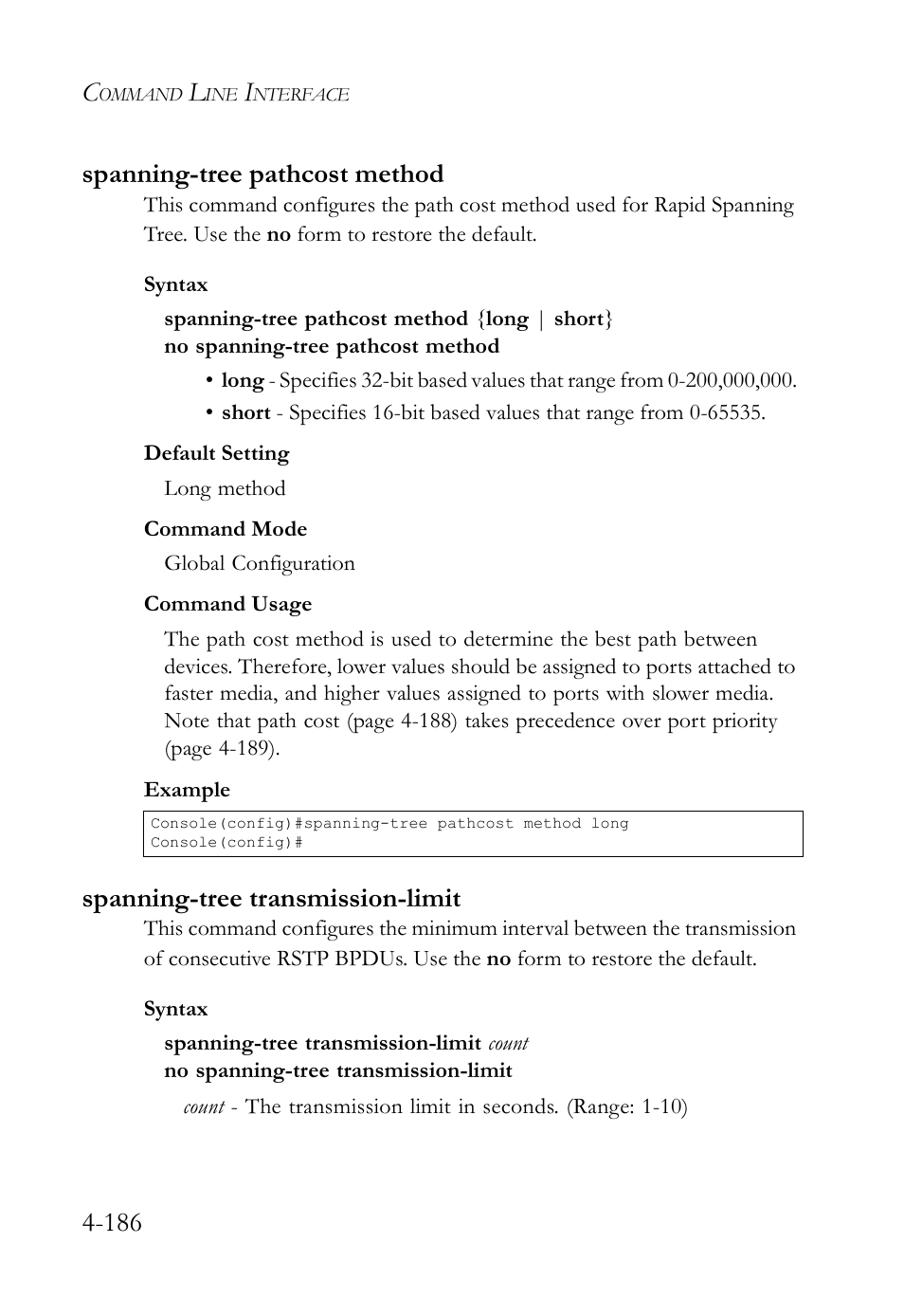 Spanning-tree pathcost method, Spanning-tree transmission-limit, 186 spanning-tree pathcost method | SMC Networks SMC TigerStack IV SMC6224M User Manual | Page 434 / 522
