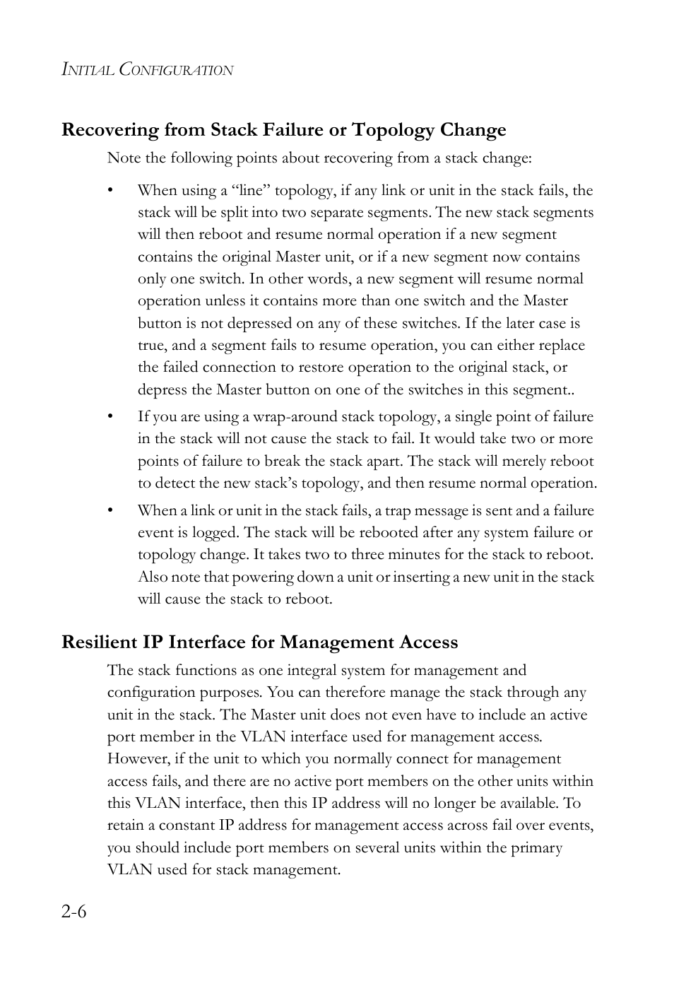 Recovering from stack failure or topology change, Resilient ip interface for management access, 6 recovering from stack failure or topology change | SMC Networks SMC TigerStack IV SMC6224M User Manual | Page 44 / 522