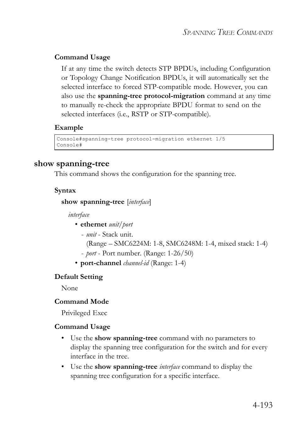 Show spanning-tree, Show spanning-tree -193 | SMC Networks SMC TigerStack IV SMC6224M User Manual | Page 441 / 522