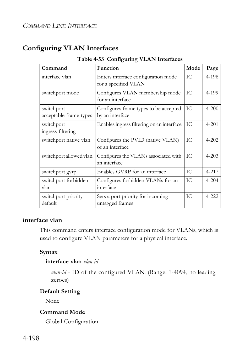 Configuring vlan interfaces, Interface vlan, Configuring vlan interfaces -198 | Interface vlan -198, Table 4-53 configuring vlan interfaces -198, 198 configuring vlan interfaces | SMC Networks SMC TigerStack IV SMC6224M User Manual | Page 446 / 522