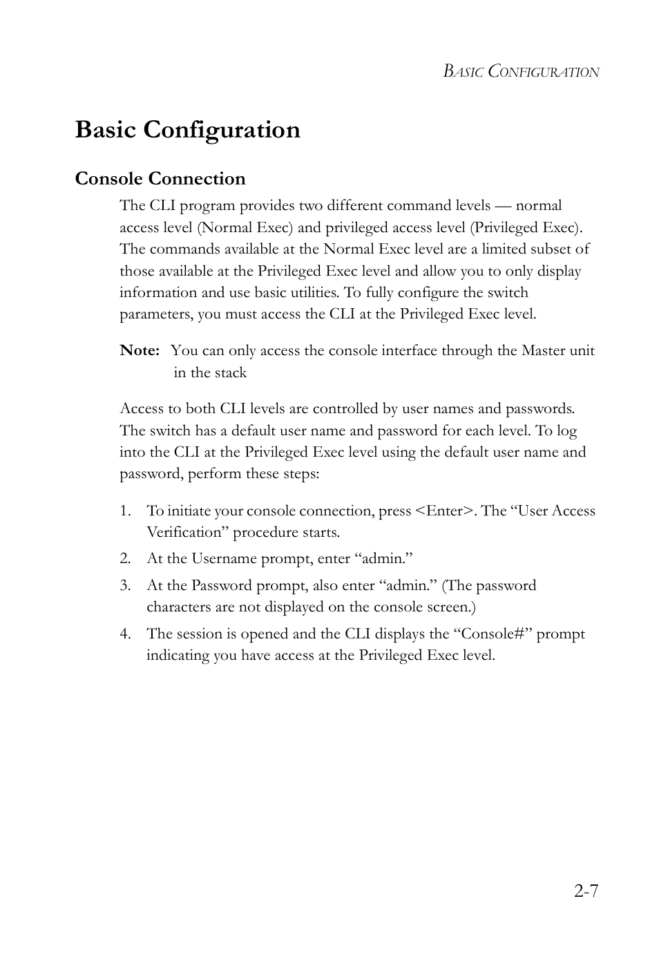Basic configuration, Console connection, Basic configuration -7 | Console connection -7 | SMC Networks SMC TigerStack IV SMC6224M User Manual | Page 45 / 522