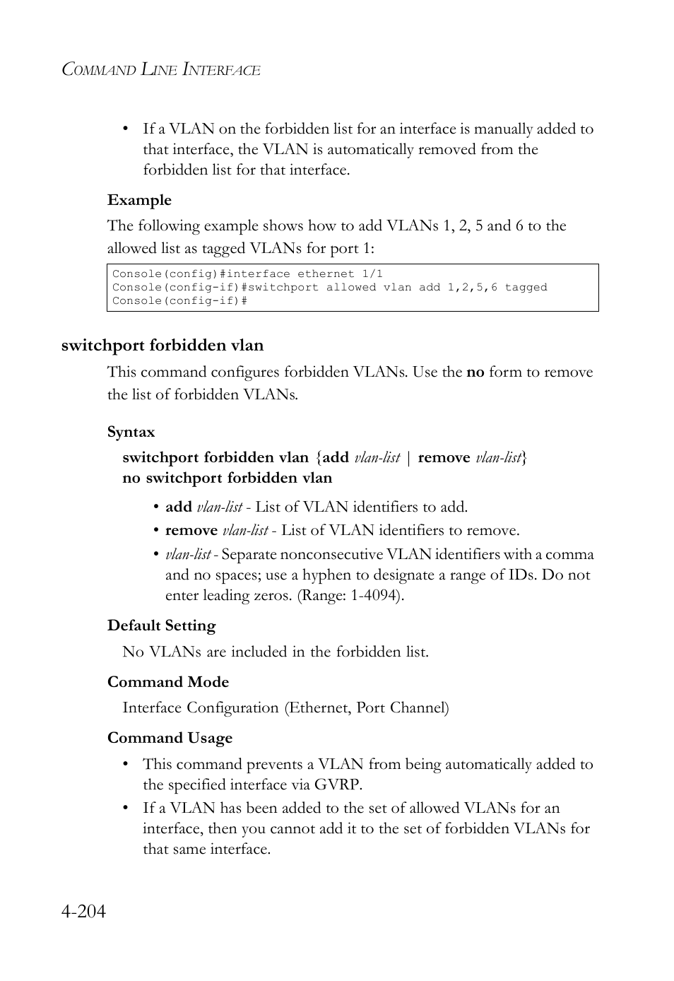Switchport forbidden vlan, Switchport forbidden vlan -204 | SMC Networks SMC TigerStack IV SMC6224M User Manual | Page 452 / 522