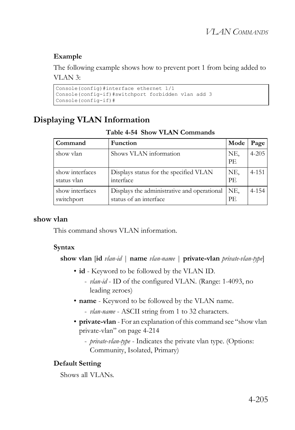 Displaying vlan information, Show vlan, Displaying vlan information -205 | Show vlan -205, Table 4-54 show vlan commands -205, Vlan c | SMC Networks SMC TigerStack IV SMC6224M User Manual | Page 453 / 522