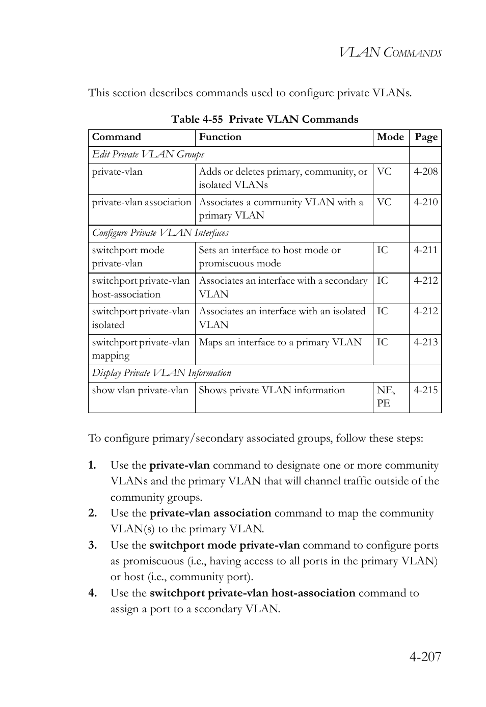 Table 4-55 private vlan commands -207, Vlan c | SMC Networks SMC TigerStack IV SMC6224M User Manual | Page 455 / 522