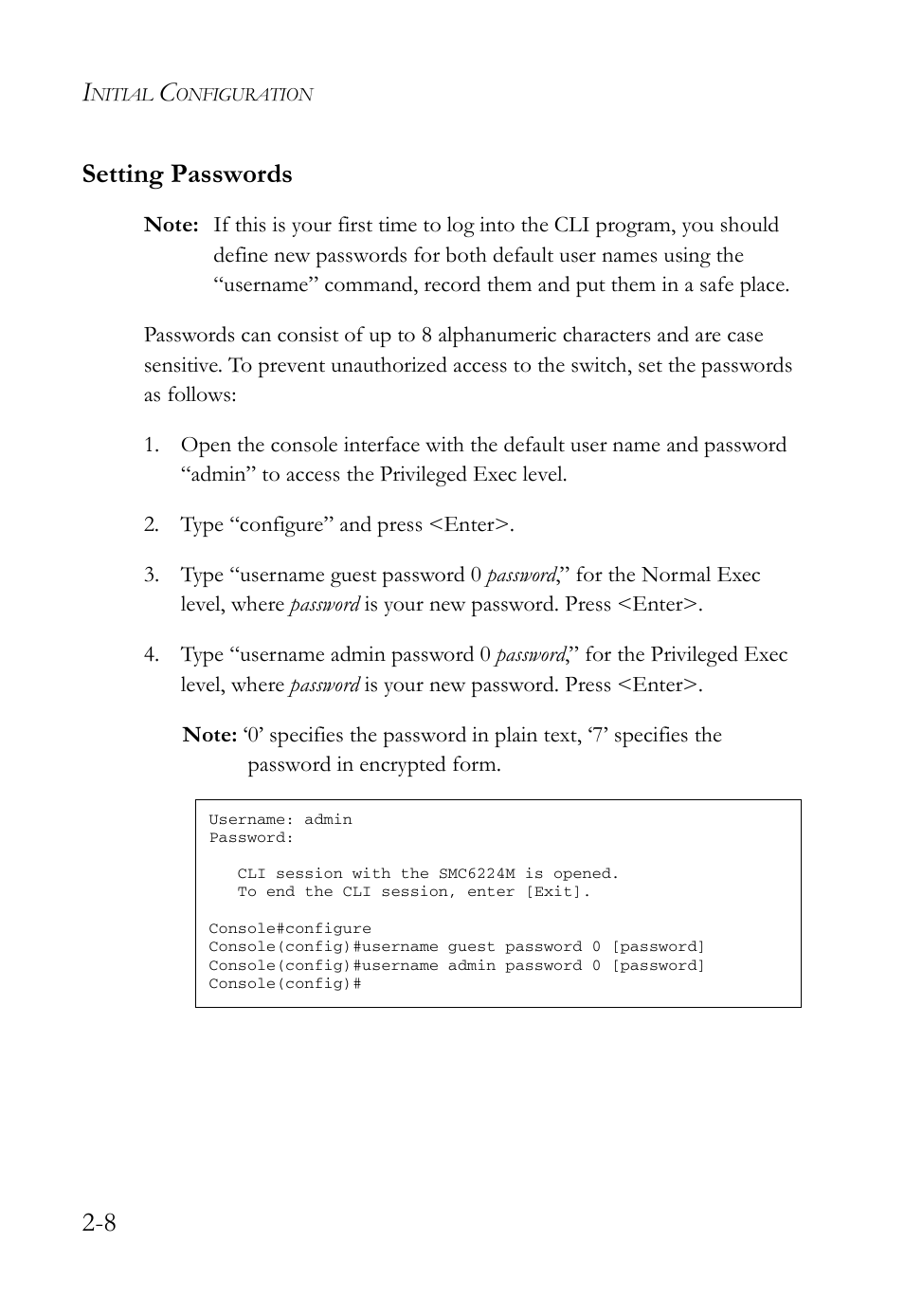 Setting passwords, Setting passwords -8, 8 setting passwords | SMC Networks SMC TigerStack IV SMC6224M User Manual | Page 46 / 522