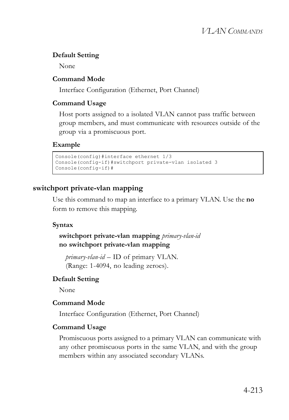 Switchport private-vlan mapping, Switchport private-vlan mapping -213, Vlan c | SMC Networks SMC TigerStack IV SMC6224M User Manual | Page 461 / 522
