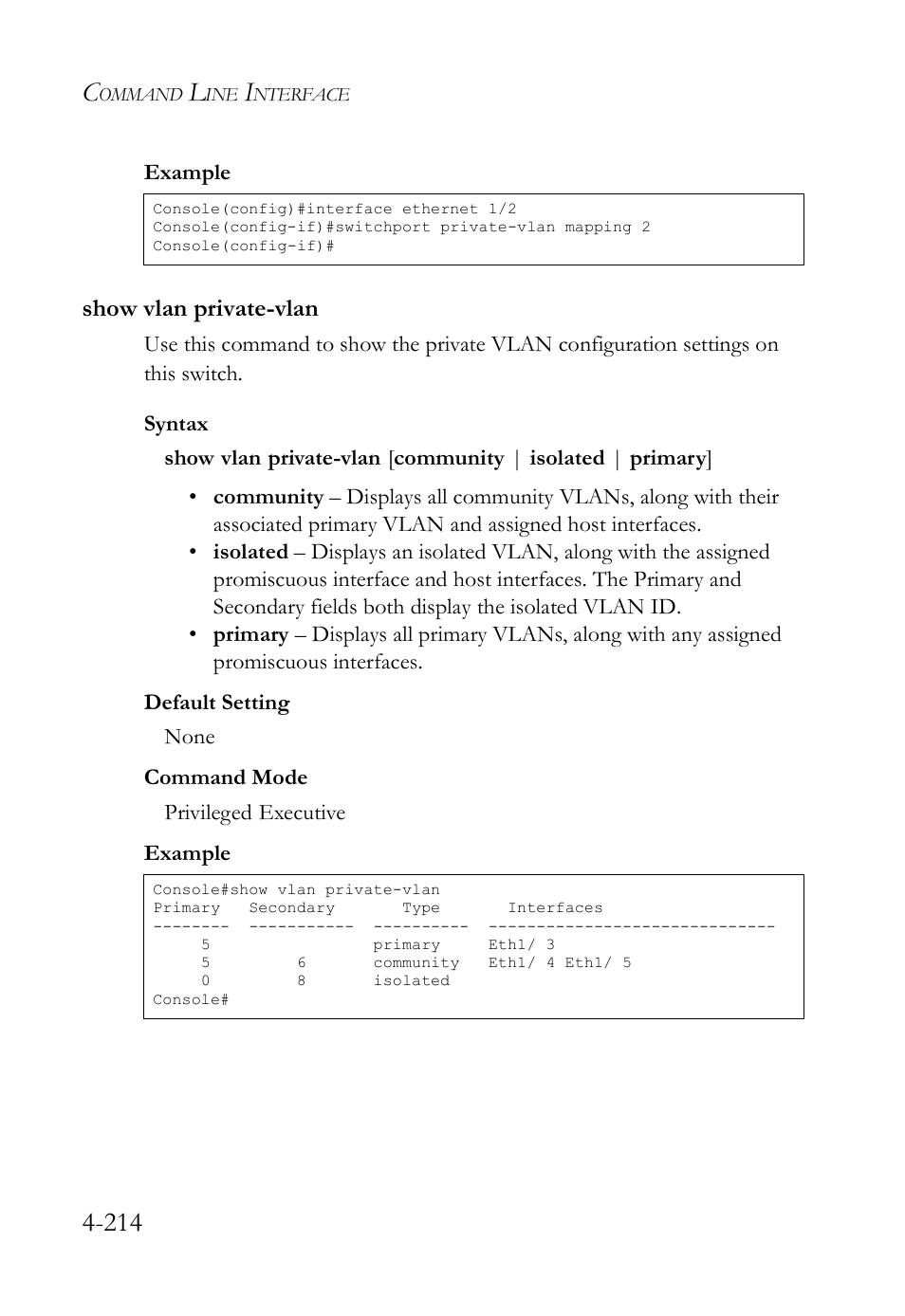 Show vlan private-vlan, Show vlan private-vlan -214 | SMC Networks SMC TigerStack IV SMC6224M User Manual | Page 462 / 522