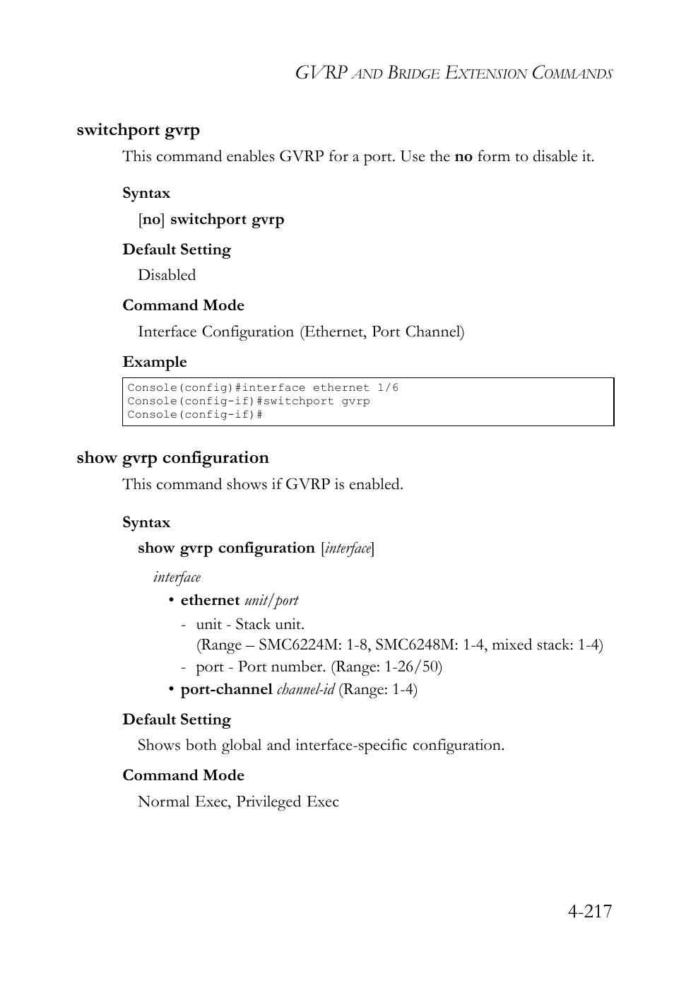 Switchport gvrp, Show gvrp configuration, Switchport gvrp -217 show gvrp configuration -217 | Gvrp | SMC Networks SMC TigerStack IV SMC6224M User Manual | Page 465 / 522