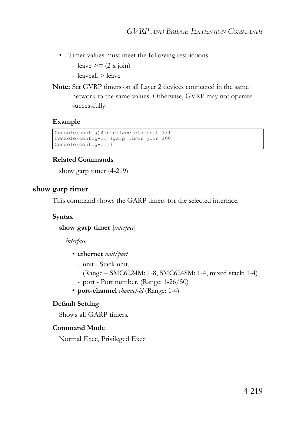 Show garp timer, Show garp timer -219, Gvrp | SMC Networks SMC TigerStack IV SMC6224M User Manual | Page 467 / 522