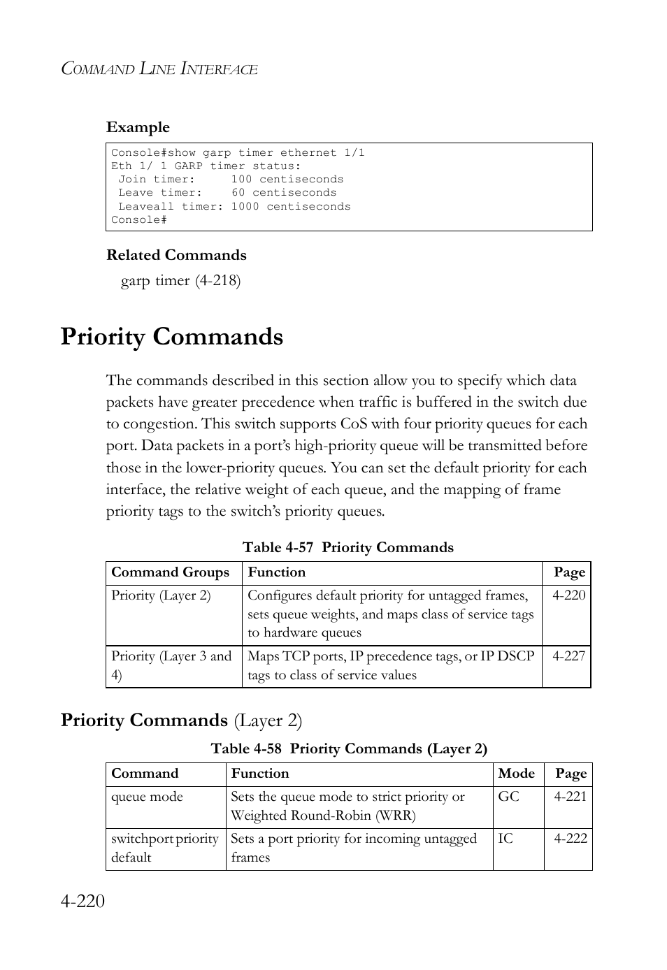 Priority commands, Priority commands (layer 2), Priority commands -220 | Priority commands (layer 2) -220, Table 4-57 priority commands -220, Table 4-58 priority commands (layer 2) -220 | SMC Networks SMC TigerStack IV SMC6224M User Manual | Page 468 / 522