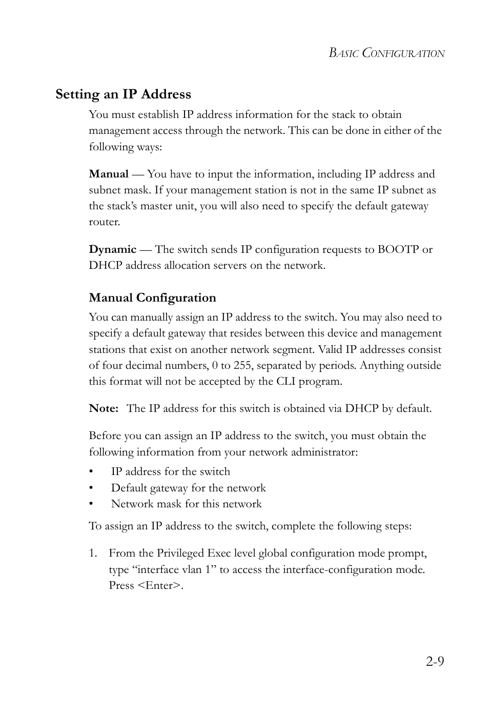 Setting an ip address, Manual configuration, Setting an ip address -9 | Manual configuration -9, 9 setting an ip address | SMC Networks SMC TigerStack IV SMC6224M User Manual | Page 47 / 522