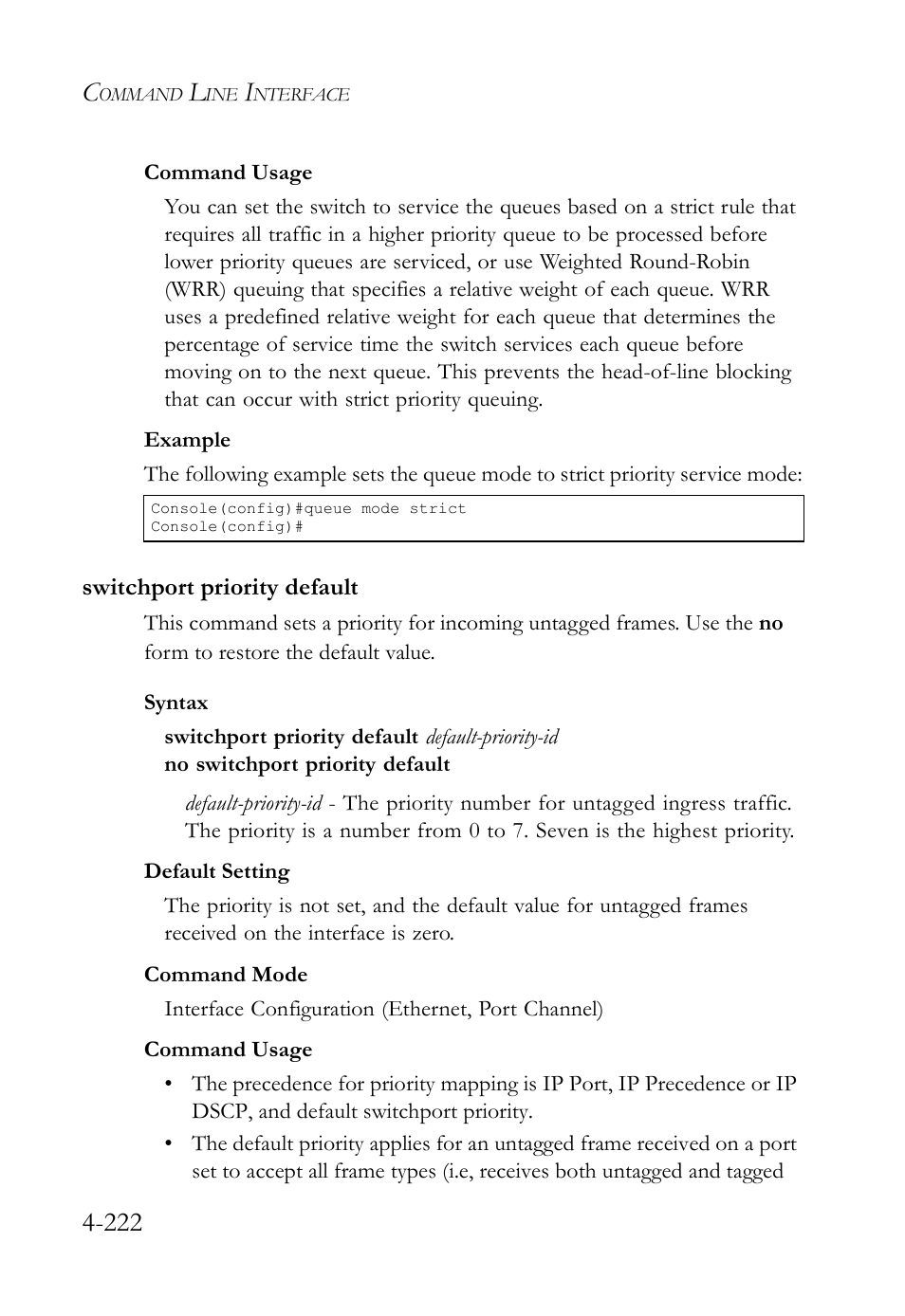 Switchport priority default, Switchport priority default -222 | SMC Networks SMC TigerStack IV SMC6224M User Manual | Page 470 / 522
