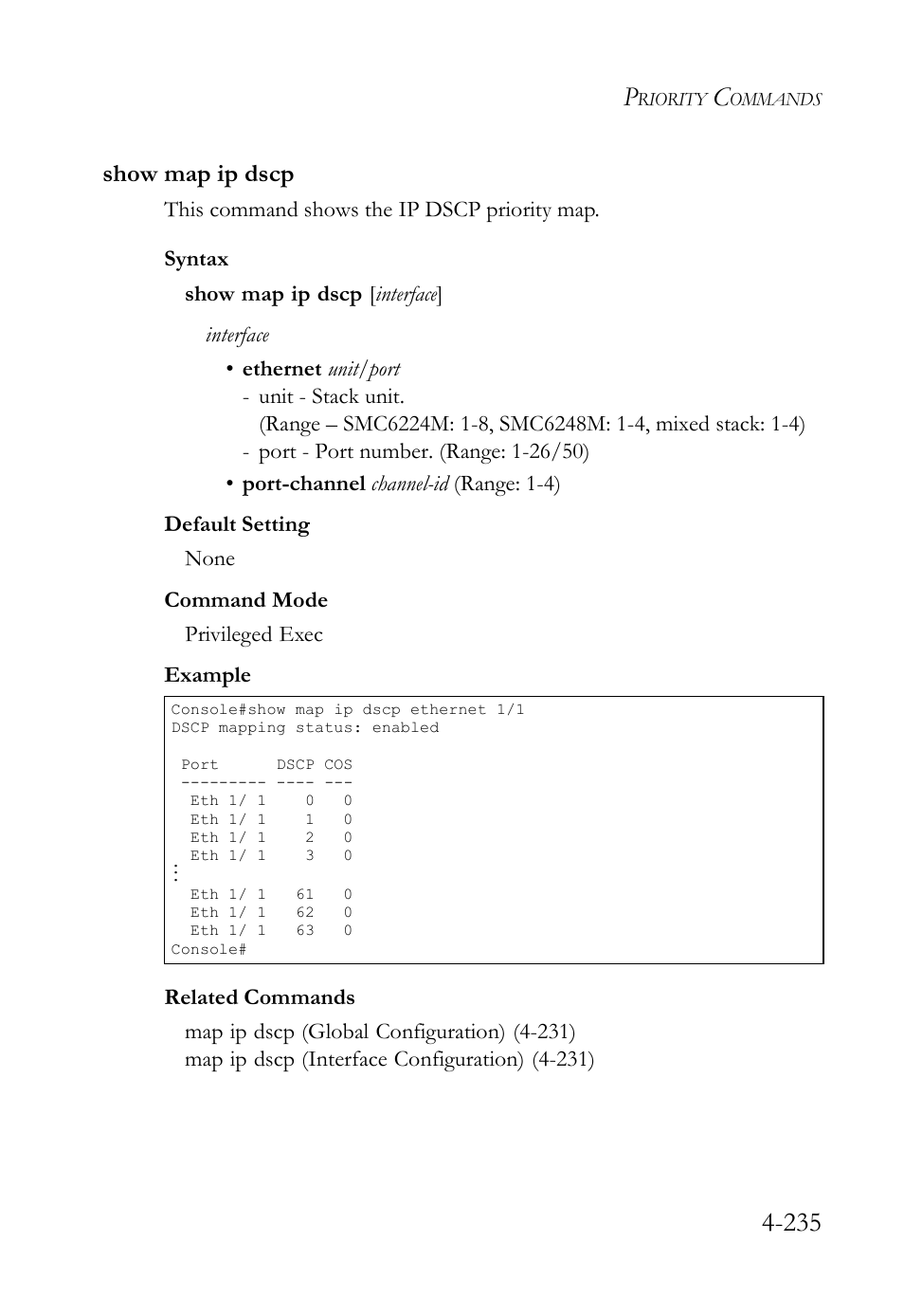 Show map ip dscp, Show map ip dscp -235 | SMC Networks SMC TigerStack IV SMC6224M User Manual | Page 483 / 522