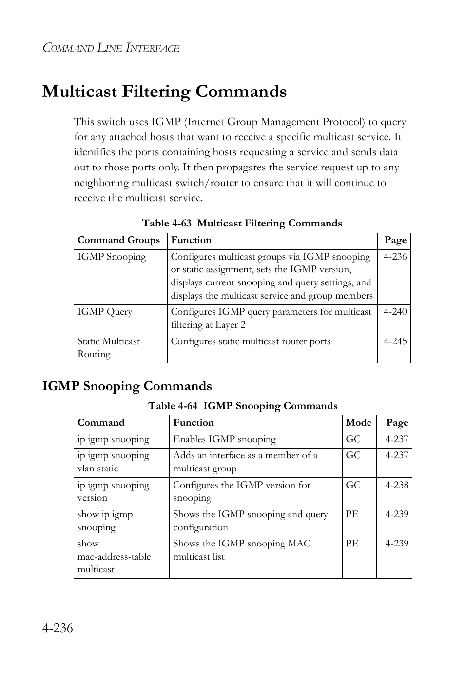 Multicast filtering commands, Igmp snooping commands, Multicast filtering commands -236 | Igmp snooping commands -236 | SMC Networks SMC TigerStack IV SMC6224M User Manual | Page 484 / 522