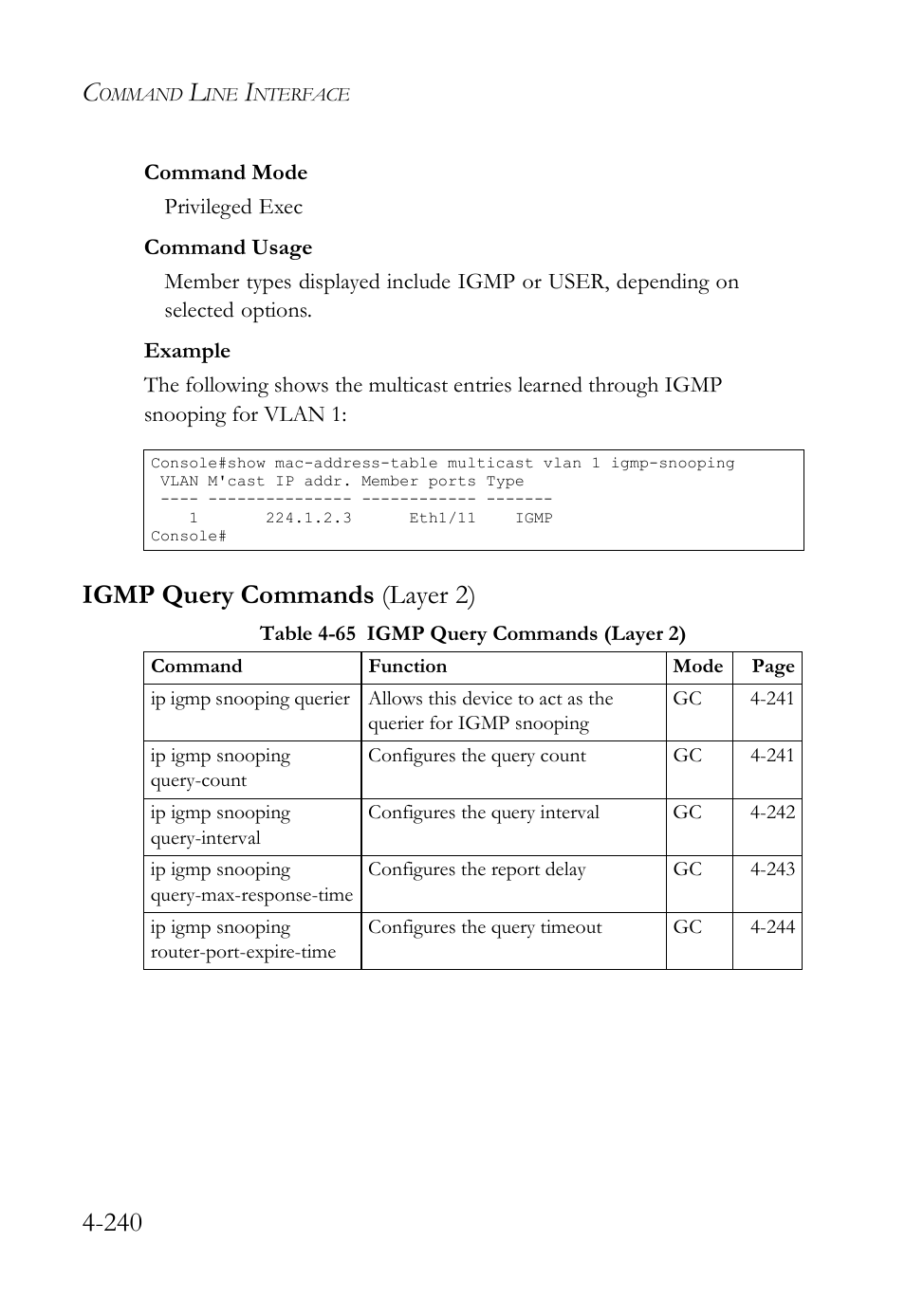 Igmp query commands (layer 2), Igmp query commands (layer 2) -240, Table 4-65 igmp query commands (layer 2) -240 | SMC Networks SMC TigerStack IV SMC6224M User Manual | Page 488 / 522