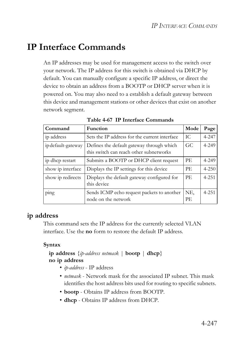 Ip interface commands, Ip address, Ip interface commands -247 | Ip address -247, Table 4-67 ip interface commands -247, Ip i | SMC Networks SMC TigerStack IV SMC6224M User Manual | Page 495 / 522