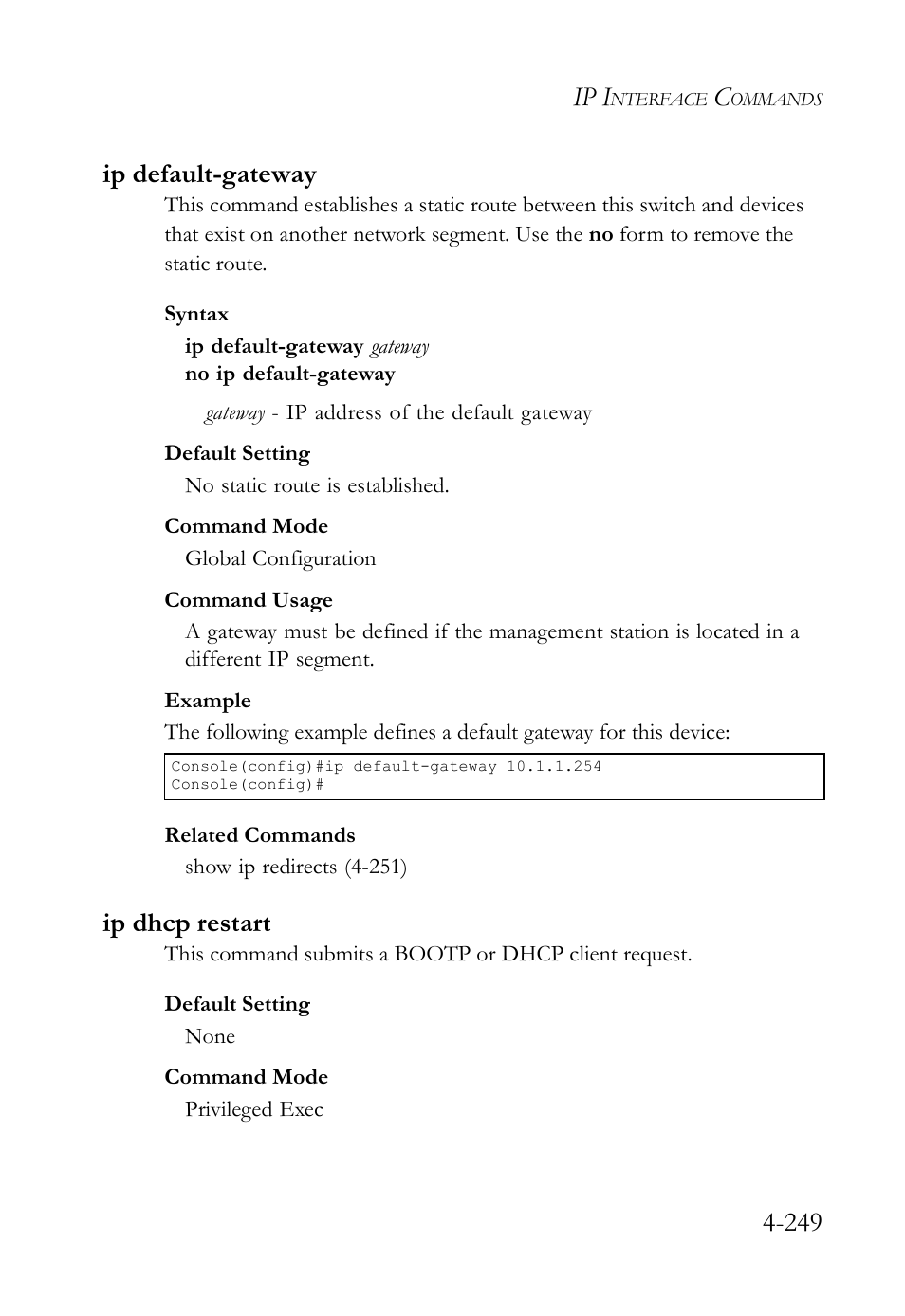 Ip default-gateway, Ip dhcp restart, Ip default-gateway -249 ip dhcp restart -249 | Ip i, 249 ip default-gateway | SMC Networks SMC TigerStack IV SMC6224M User Manual | Page 497 / 522