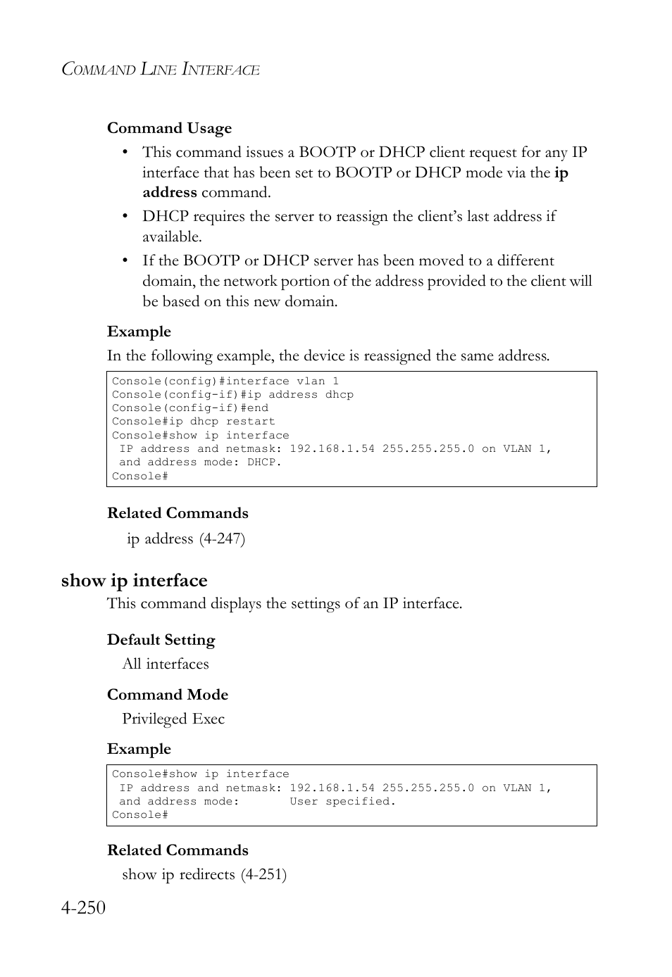 Show ip interface, Show ip interface -250 | SMC Networks SMC TigerStack IV SMC6224M User Manual | Page 498 / 522