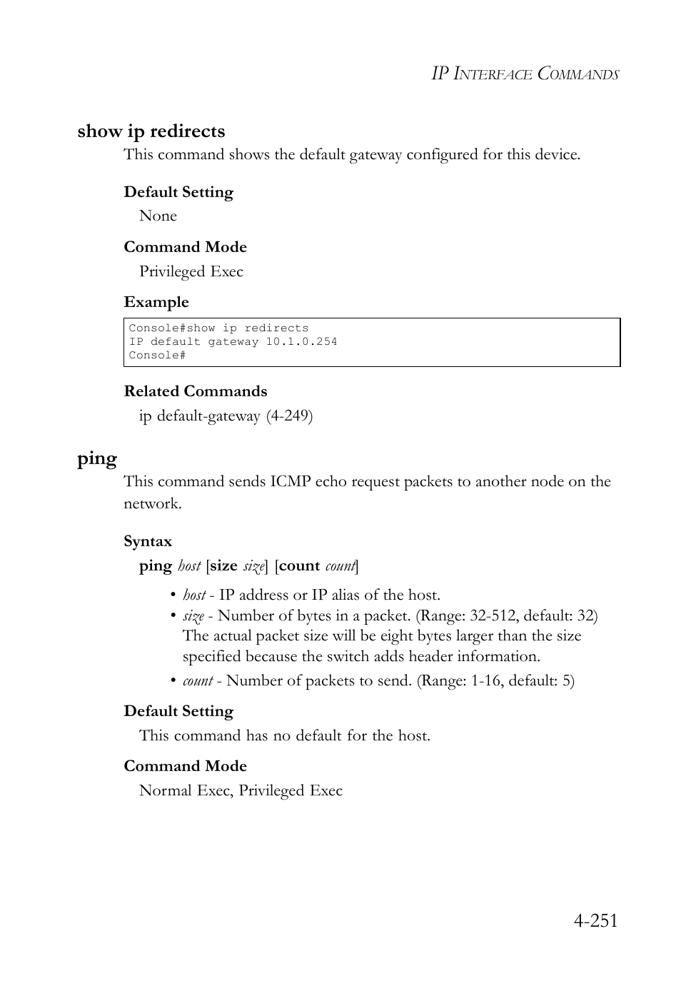 Show ip redirects, Ping, Show ip redirects -251 ping -251 | Ip i, 251 show ip redirects | SMC Networks SMC TigerStack IV SMC6224M User Manual | Page 499 / 522