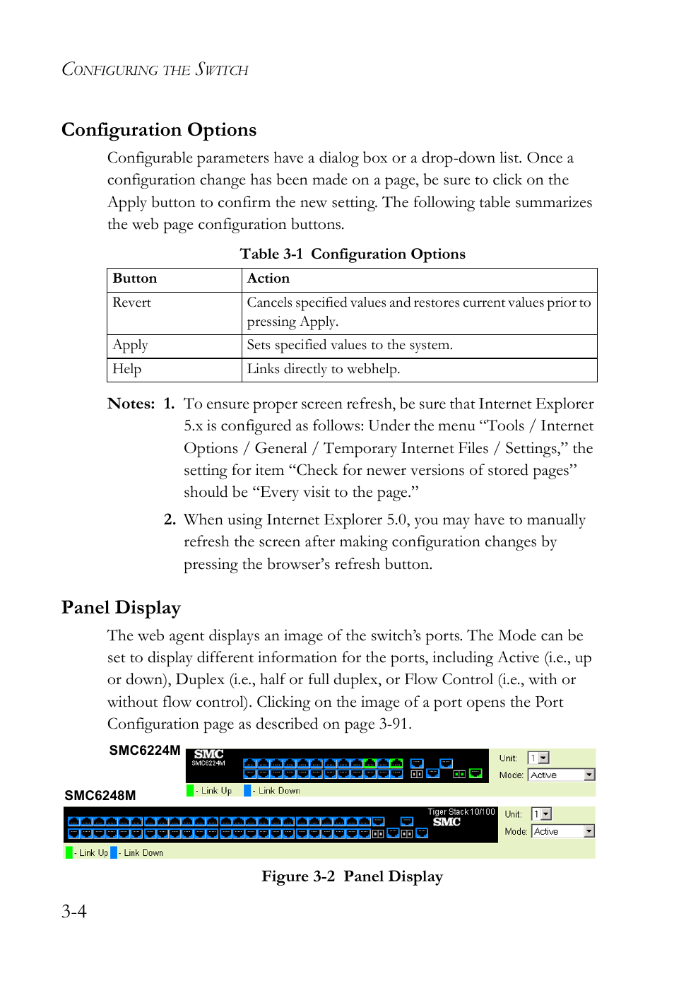 Configuration options, Panel display, Configuration options -4 panel display -4 | Table 3-1, Configuration options -4, Figure 3-2, Panel display -4, 4 configuration options | SMC Networks SMC TigerStack IV SMC6224M User Manual | Page 58 / 522