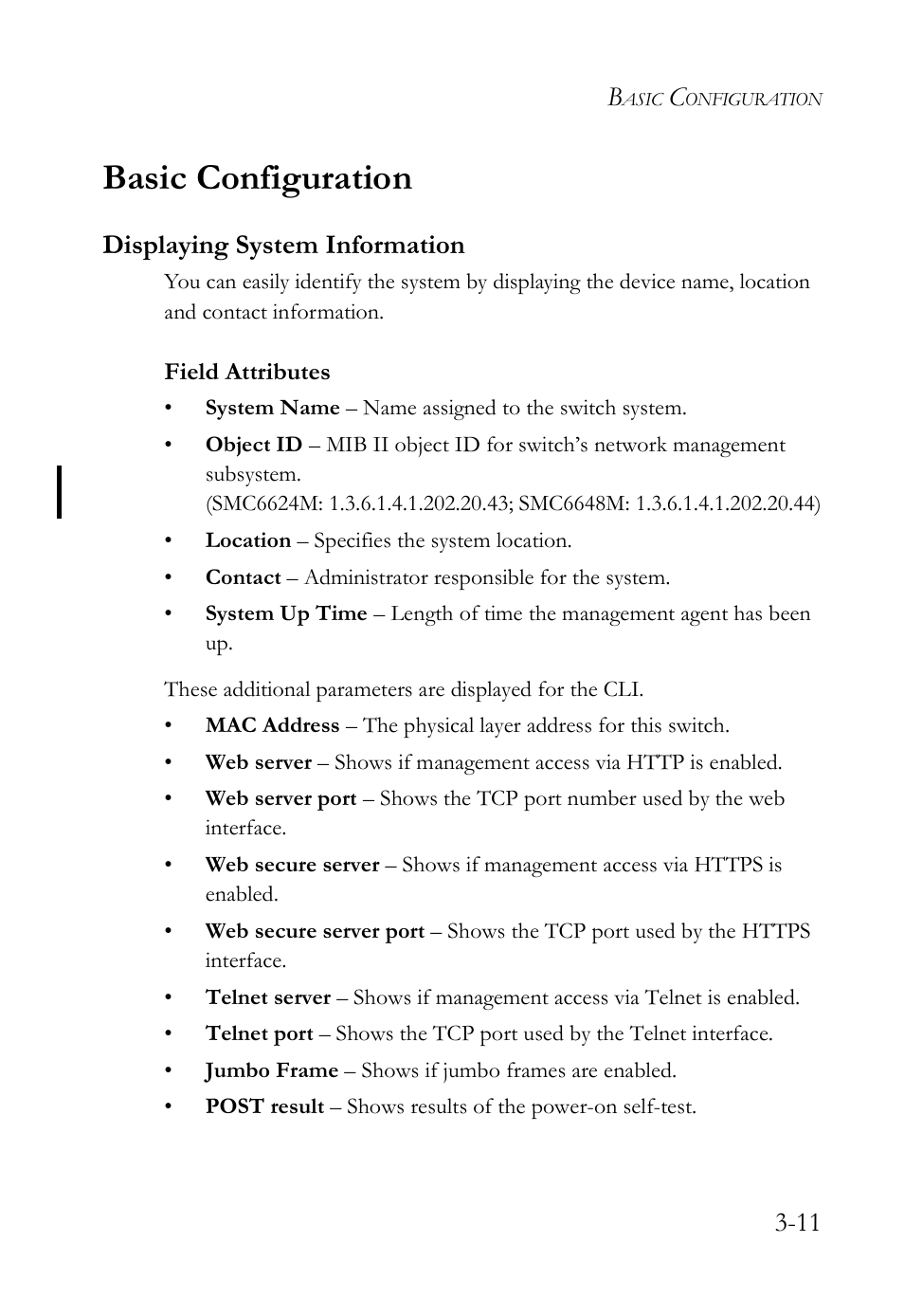 Basic configuration, Displaying system information, Basic configuration -11 | Displaying system information -11 | SMC Networks SMC TigerStack IV SMC6224M User Manual | Page 65 / 522