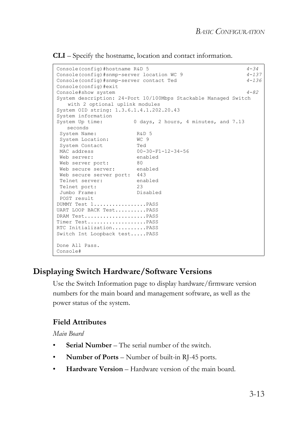 Displaying switch hardware/software versions, Displaying switch hardware/software versions -13, Field attributes | SMC Networks SMC TigerStack IV SMC6224M User Manual | Page 67 / 522