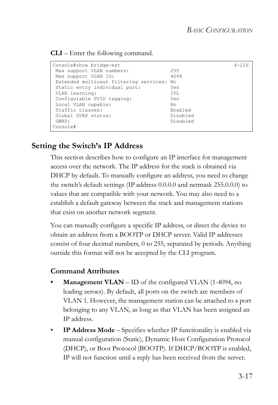 Setting the switch’s ip address, Setting the switch’s ip address -17, Command attributes | SMC Networks SMC TigerStack IV SMC6224M User Manual | Page 71 / 522