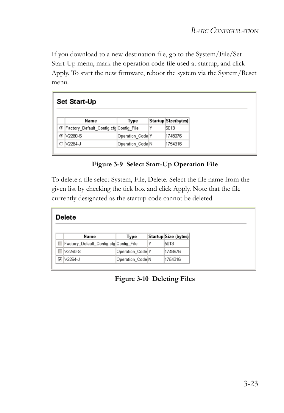 Figure 3-9, Select start-up operation file -23, Figure 3-10 deleting files -23 | SMC Networks SMC TigerStack IV SMC6224M User Manual | Page 77 / 522