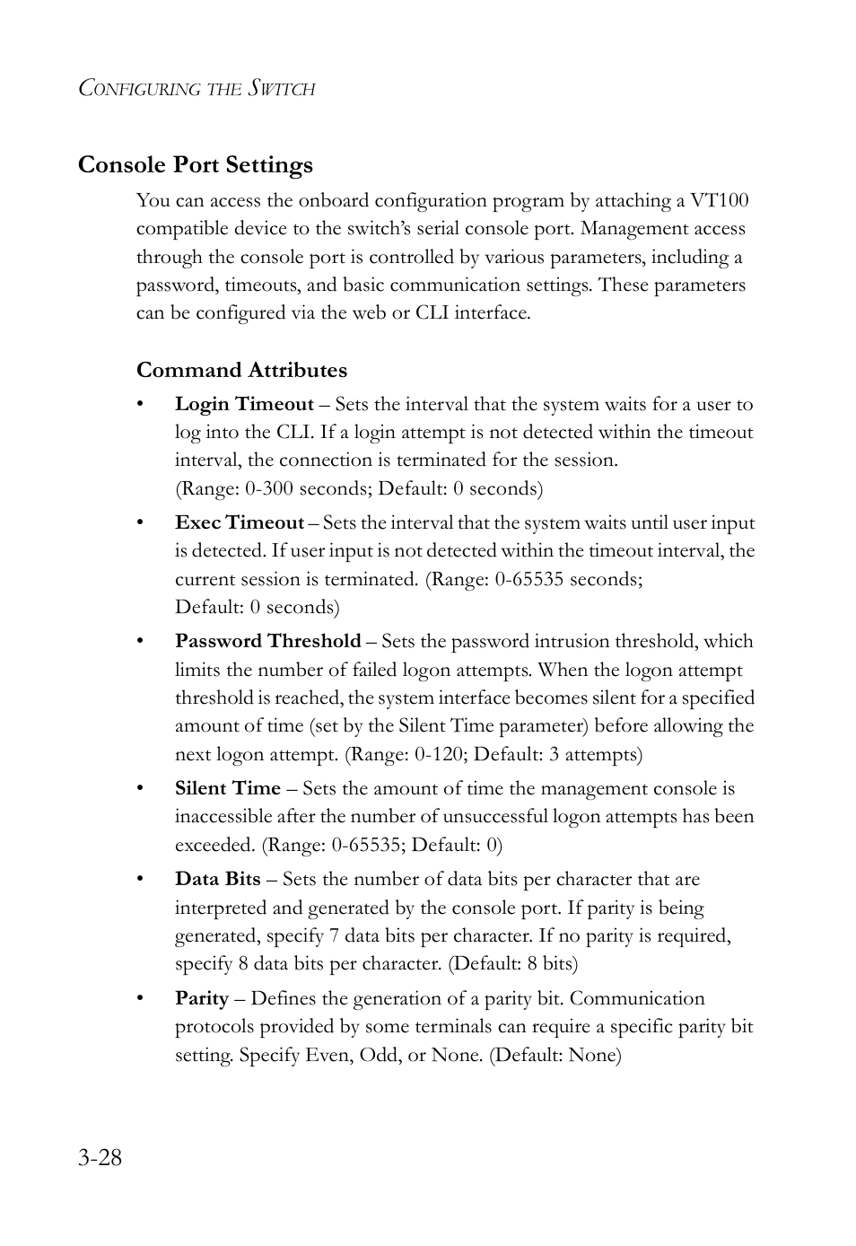 Console port settings, Console port settings -28, 28 console port settings | SMC Networks SMC TigerStack IV SMC6224M User Manual | Page 82 / 522