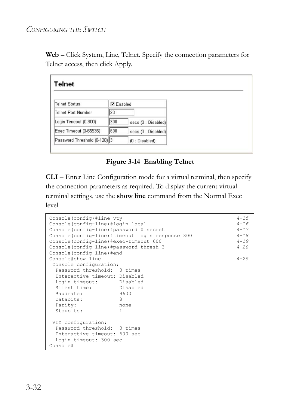 Figure 3-14 enabling telnet -32 | SMC Networks SMC TigerStack IV SMC6224M User Manual | Page 86 / 522