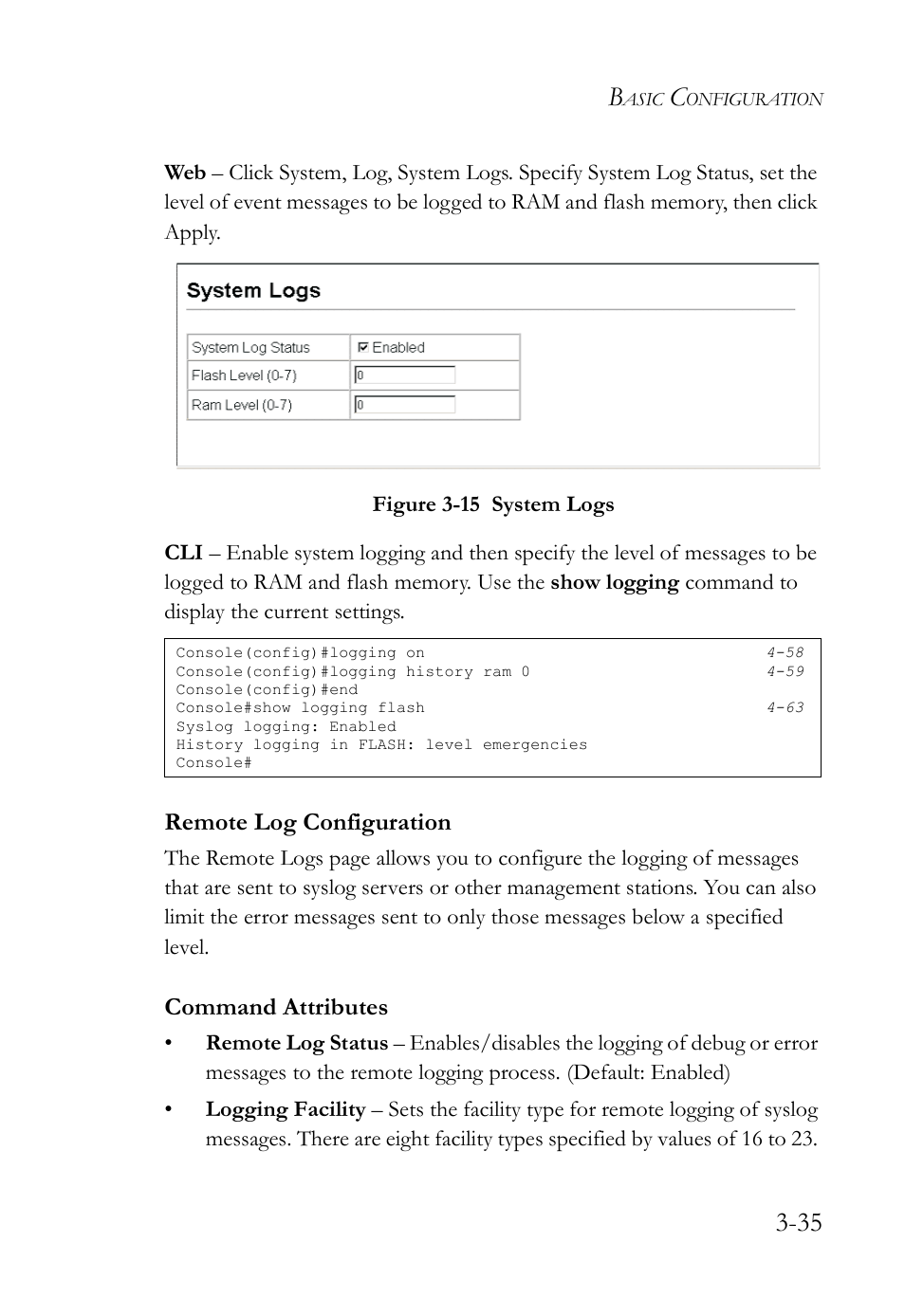 Remote log configuration, Remote log configuration -35, Figure 3-15 system logs -35 | Command attributes | SMC Networks SMC TigerStack IV SMC6224M User Manual | Page 89 / 522