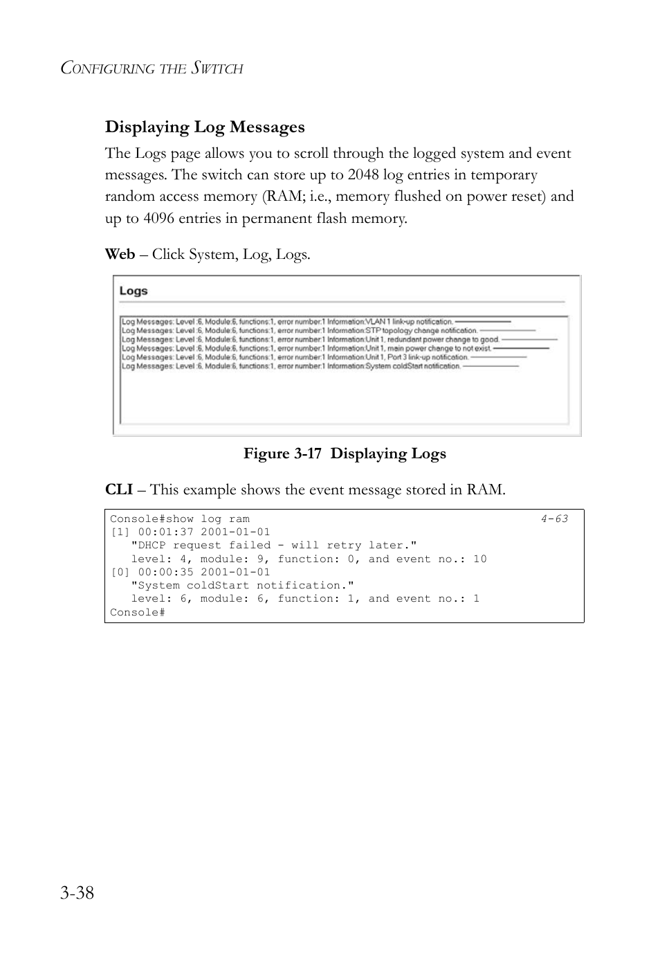 Displaying log messages, Displaying log messages -38, Figure 3-17 displaying logs -38 | SMC Networks SMC TigerStack IV SMC6224M User Manual | Page 92 / 522