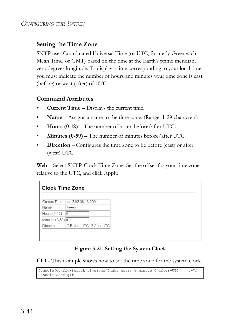 Setting the time zone, Setting the time zone -44, Figure 3-21 setting the system clock -44 | SMC Networks SMC TigerStack IV SMC6224M User Manual | Page 98 / 522