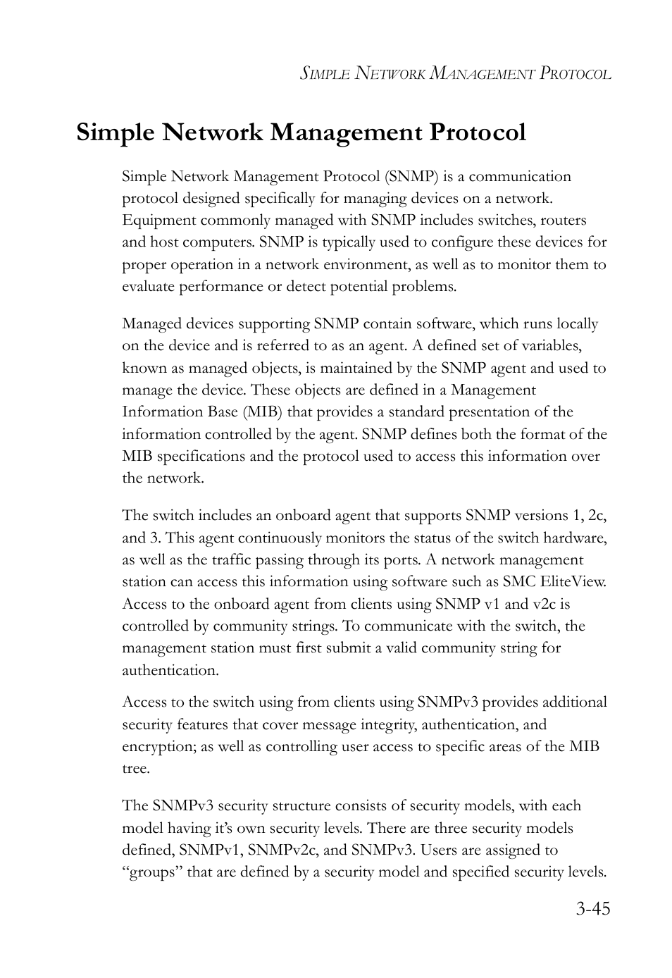 Simple network management protocol, Simple network management protocol -45 | SMC Networks SMC TigerStack 1000 SMC8748M User Manual | Page 101 / 592