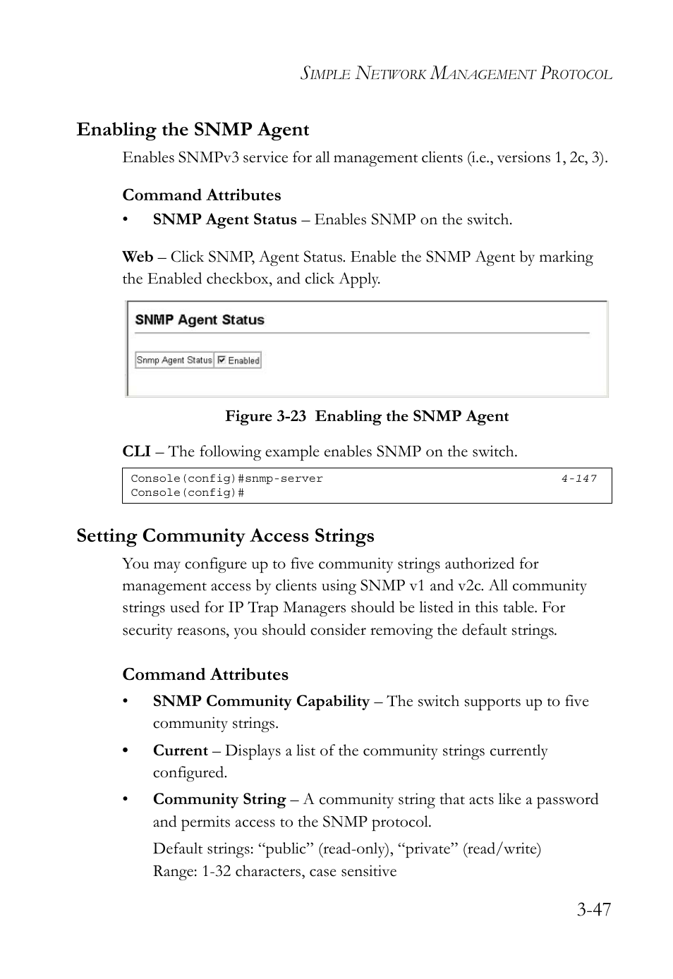 Enabling the snmp agent, Setting community access strings, Figure 3-23 enabling the snmp agent -47 | 47 enabling the snmp agent | SMC Networks SMC TigerStack 1000 SMC8748M User Manual | Page 103 / 592