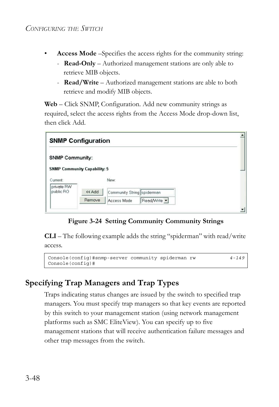 Specifying trap managers and trap types, Specifying trap managers and trap types -48 | SMC Networks SMC TigerStack 1000 SMC8748M User Manual | Page 104 / 592