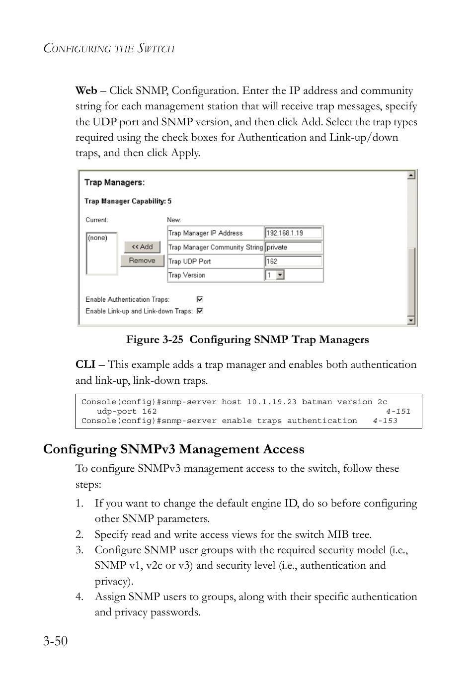 Configuring snmpv3 management access, Configuring snmpv3 management access -50, Figure 3-25 configuring snmp trap managers -50 | SMC Networks SMC TigerStack 1000 SMC8748M User Manual | Page 106 / 592