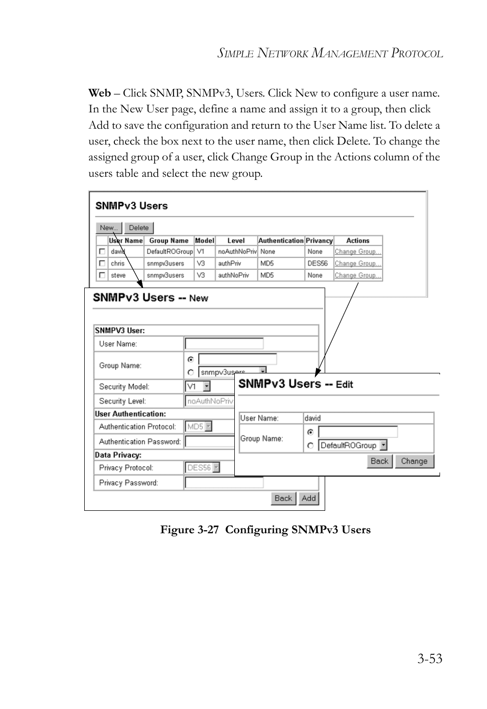 Figure 3-27 configuring snmpv3 users -53 | SMC Networks SMC TigerStack 1000 SMC8748M User Manual | Page 109 / 592