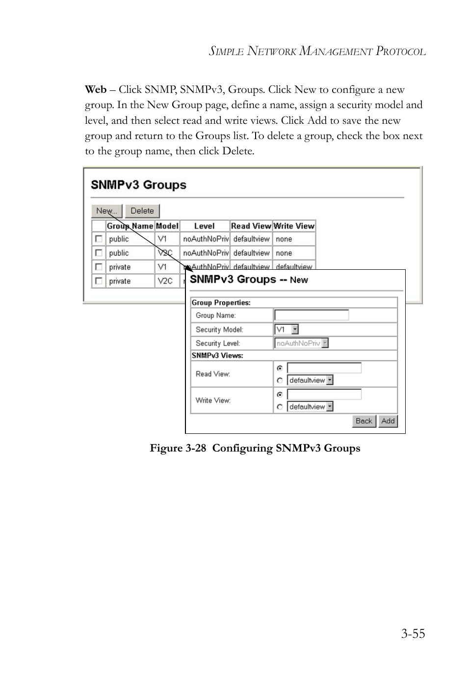 Figure 3-28 configuring snmpv3 groups -55 | SMC Networks SMC TigerStack 1000 SMC8748M User Manual | Page 111 / 592