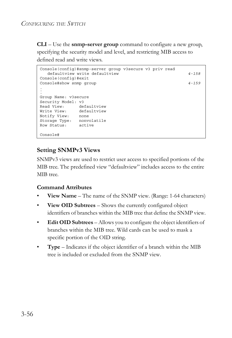 Setting snmpv3 views, Setting snmpv3 views -56, Command attributes | SMC Networks SMC TigerStack 1000 SMC8748M User Manual | Page 112 / 592